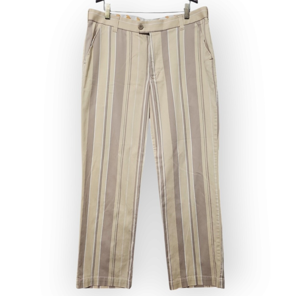 Loudmouth Golf Pants Beige, Tan Striped Size 34 Waist * Hemmed Inseam‎ * READ *